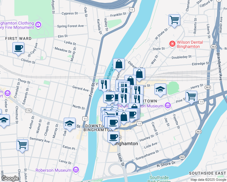 map of restaurants, bars, coffee shops, grocery stores, and more near Water St & E Clinton St in Binghamton