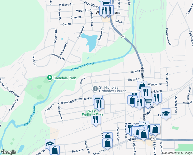 map of restaurants, bars, coffee shops, grocery stores, and more near 421-499 Birdsall Street in Endicott