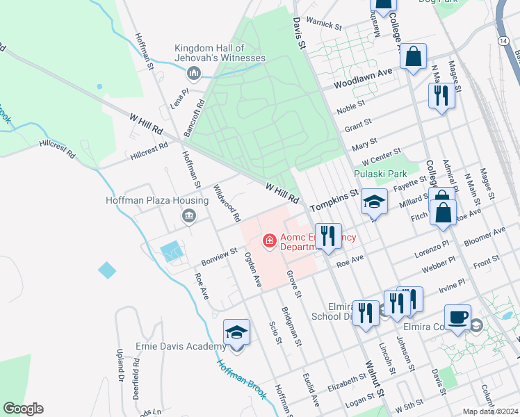 map of restaurants, bars, coffee shops, grocery stores, and more near 600 Hart Street in Elmira