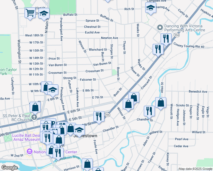 map of restaurants, bars, coffee shops, grocery stores, and more near 104 Falconer Street in Jamestown