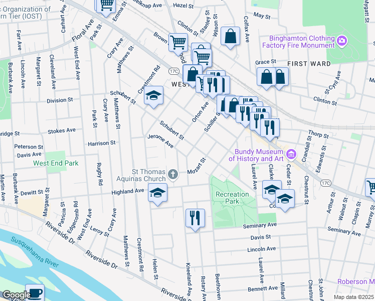 map of restaurants, bars, coffee shops, grocery stores, and more near 19 Schiller Street in Binghamton