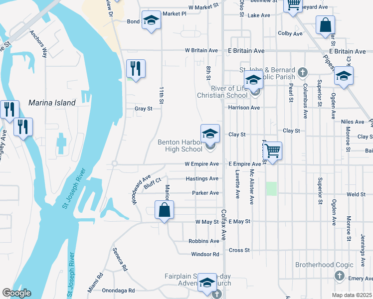 map of restaurants, bars, coffee shops, grocery stores, and more near 870 Colfax Avenue in Benton Harbor