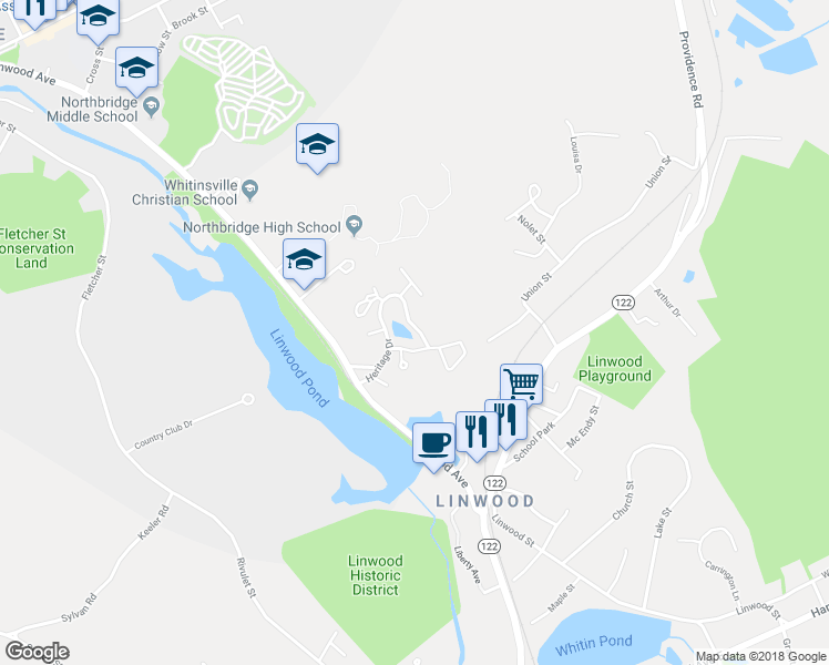 map of restaurants, bars, coffee shops, grocery stores, and more near 114 Heritage Drive in Northbridge