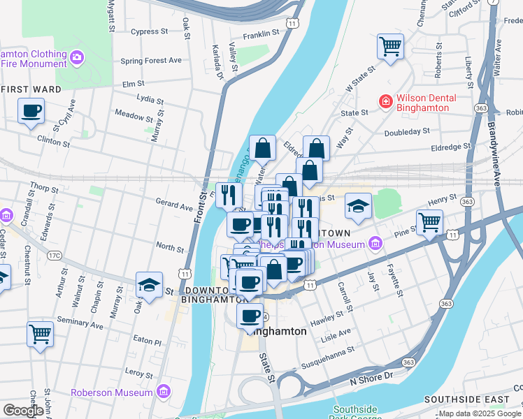 map of restaurants, bars, coffee shops, grocery stores, and more near 250 Washington Street in Binghamton