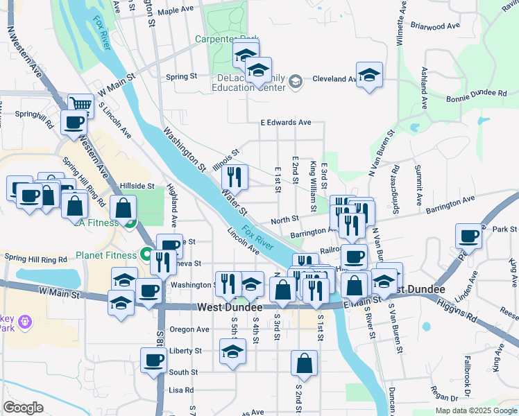 map of restaurants, bars, coffee shops, grocery stores, and more near 600 Water Street in East Dundee