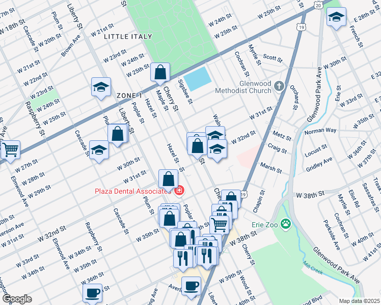 map of restaurants, bars, coffee shops, grocery stores, and more near 3107 Maple Street in Erie