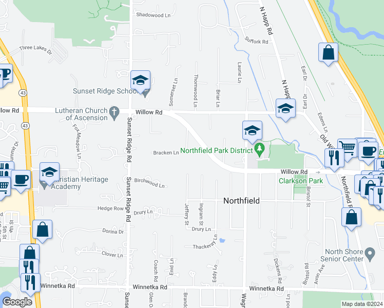 map of restaurants, bars, coffee shops, grocery stores, and more near 2160 New Willow Road in Northfield