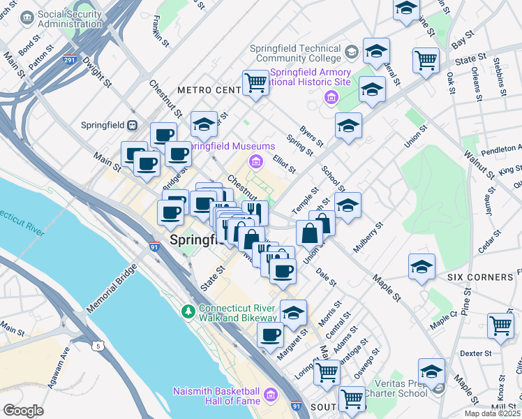 map of restaurants, bars, coffee shops, grocery stores, and more near 175 State Street in Springfield