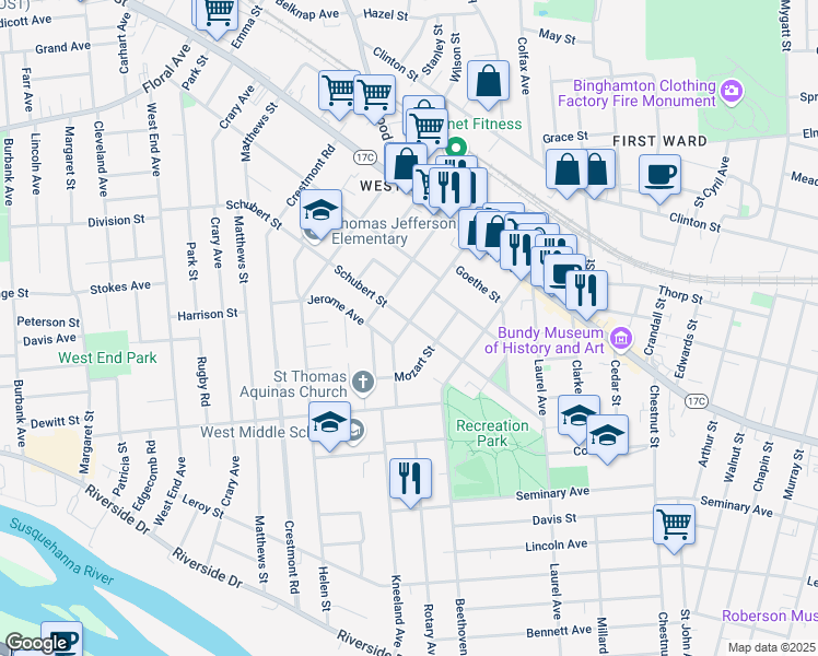 map of restaurants, bars, coffee shops, grocery stores, and more near 59 Schubert Street in Binghamton