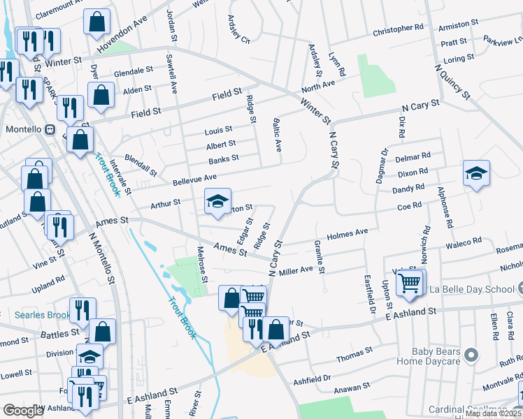 map of restaurants, bars, coffee shops, grocery stores, and more near 44 Ridge Street in Brockton