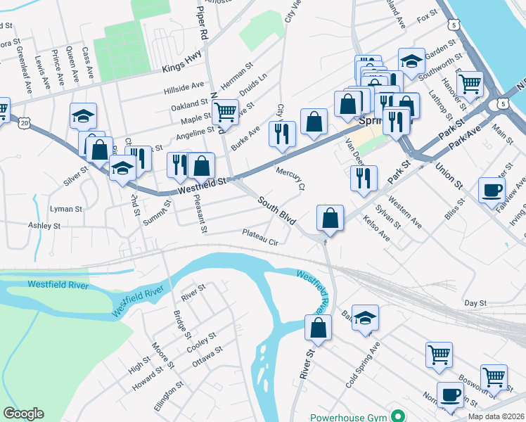 map of restaurants, bars, coffee shops, grocery stores, and more near 9 Hampden Street in West Springfield