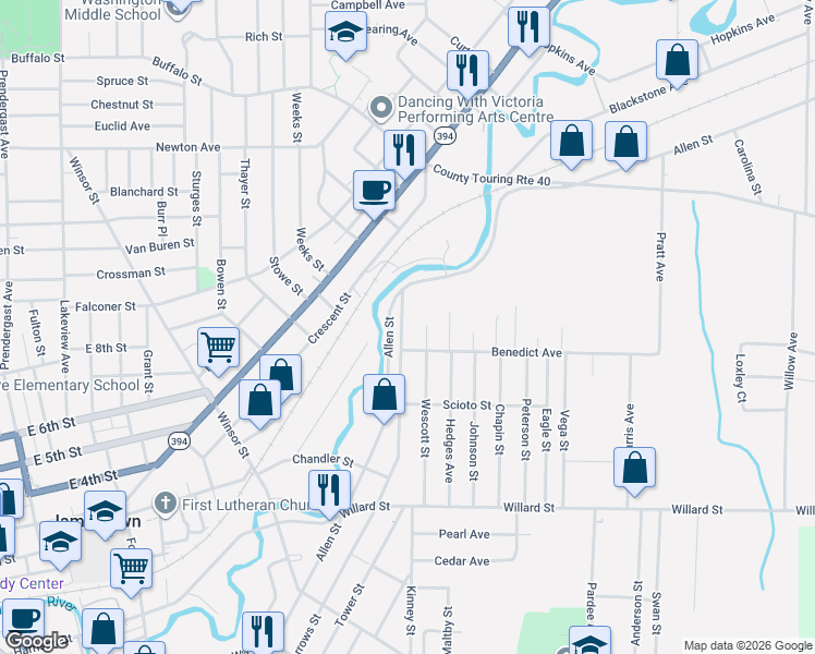 map of restaurants, bars, coffee shops, grocery stores, and more near 650 Barrows Street in Jamestown