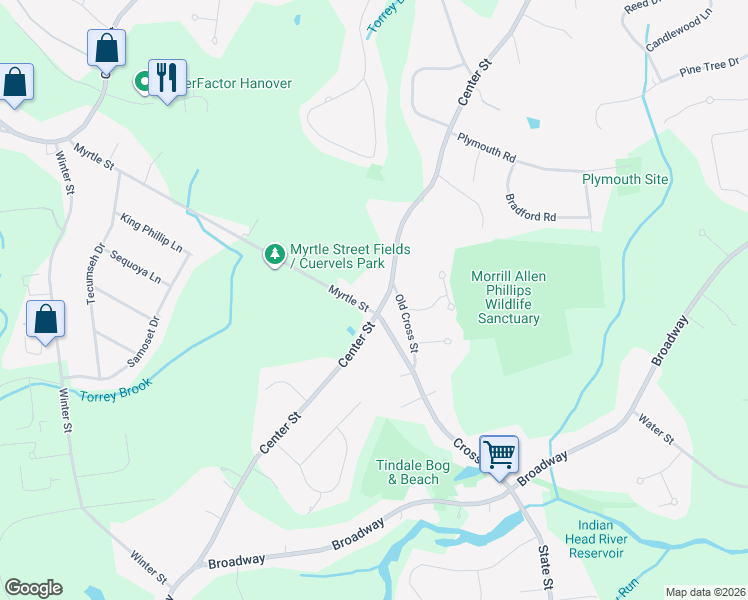 map of restaurants, bars, coffee shops, grocery stores, and more near 343 Myrtle Street in Hanover