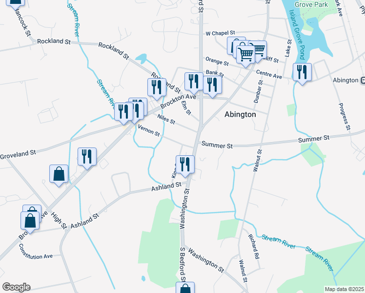 map of restaurants, bars, coffee shops, grocery stores, and more near 316 Washington Street in Abington