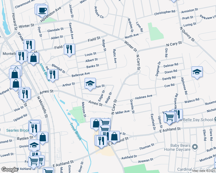 map of restaurants, bars, coffee shops, grocery stores, and more near 44 Ridge Street in Brockton