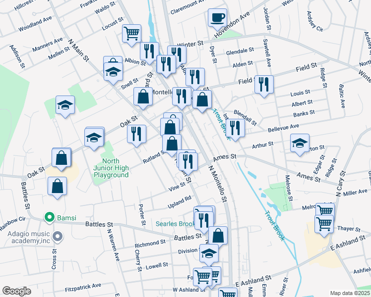 map of restaurants, bars, coffee shops, grocery stores, and more near 713 North Main Street in Brockton