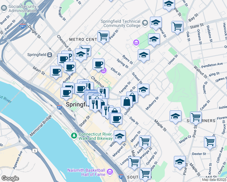 map of restaurants, bars, coffee shops, grocery stores, and more near 175 State Street in Springfield