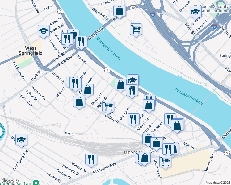 map of restaurants, bars, coffee shops, grocery stores, and more near 16 Hill Street in West Springfield