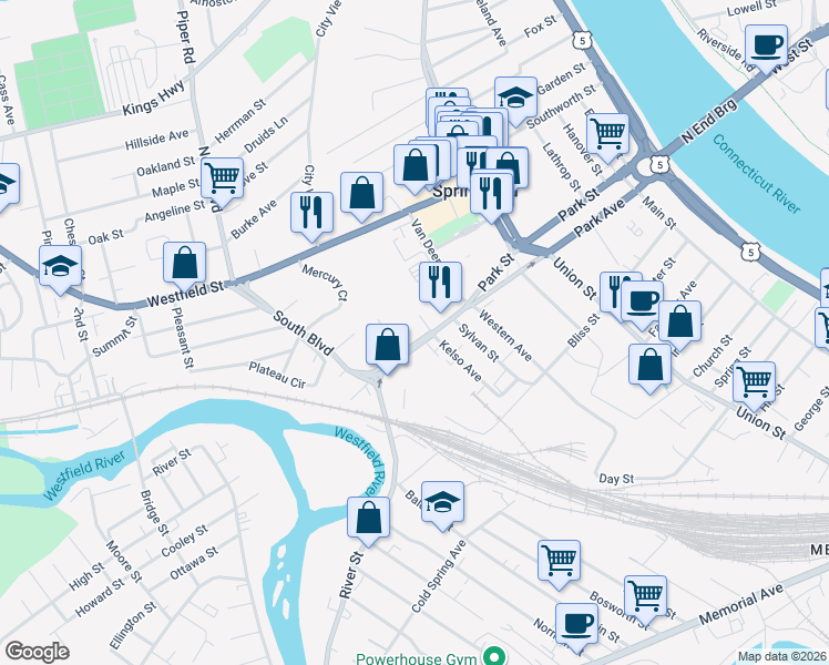 map of restaurants, bars, coffee shops, grocery stores, and more near 333 Park Street in West Springfield