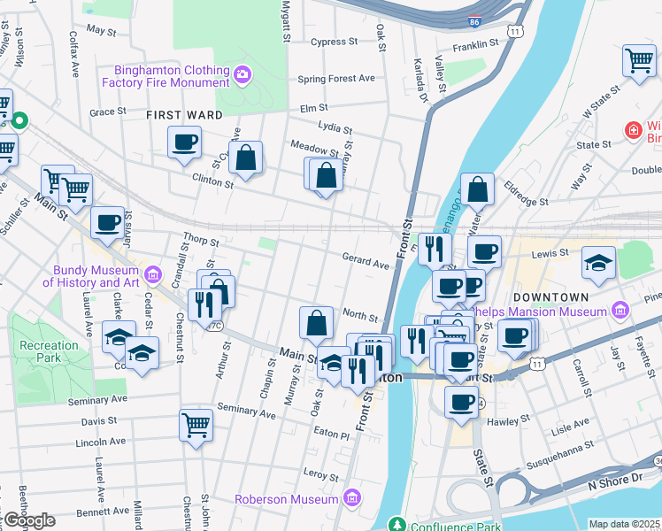 map of restaurants, bars, coffee shops, grocery stores, and more near 141 Oak Street in Binghamton