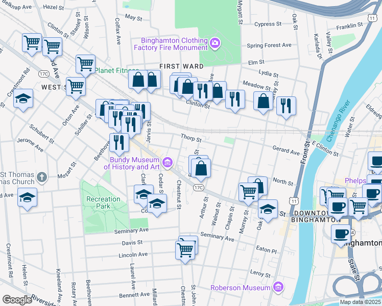 map of restaurants, bars, coffee shops, grocery stores, and more near 14 Edwards Street in Binghamton