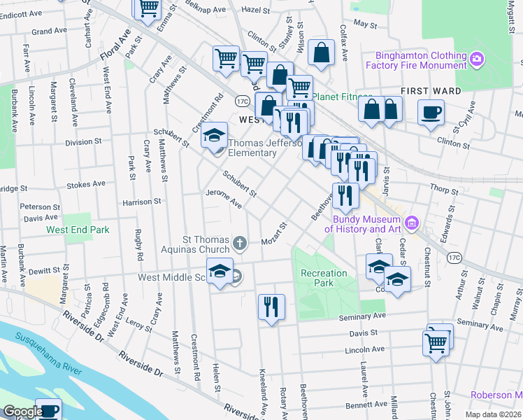 map of restaurants, bars, coffee shops, grocery stores, and more near 12 Orton Avenue in Binghamton