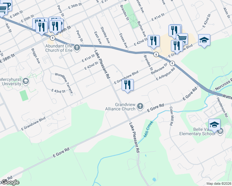 map of restaurants, bars, coffee shops, grocery stores, and more near 4711 Lake Pleasant Road in Erie