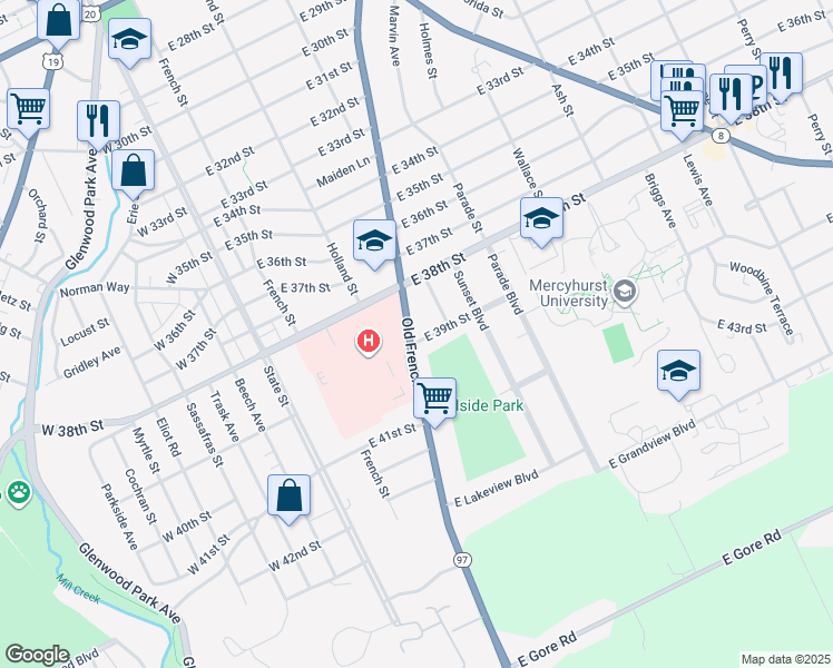 map of restaurants, bars, coffee shops, grocery stores, and more near 3915 Old French Rd in Erie