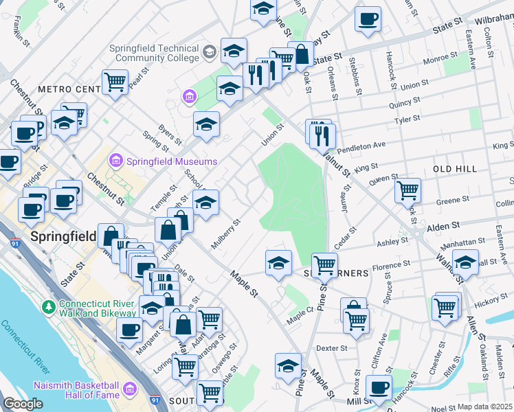 map of restaurants, bars, coffee shops, grocery stores, and more near 101 Mulberry Street in Springfield