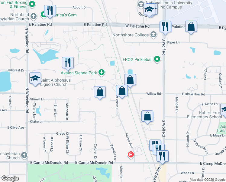 map of restaurants, bars, coffee shops, grocery stores, and more near 15 East Willow Road in Wheeling
