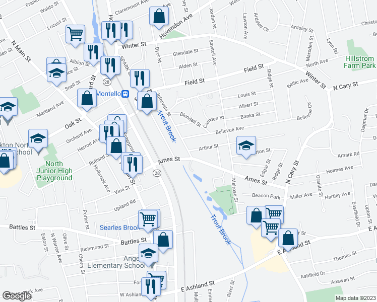map of restaurants, bars, coffee shops, grocery stores, and more near 2 Arthur Street in Brockton