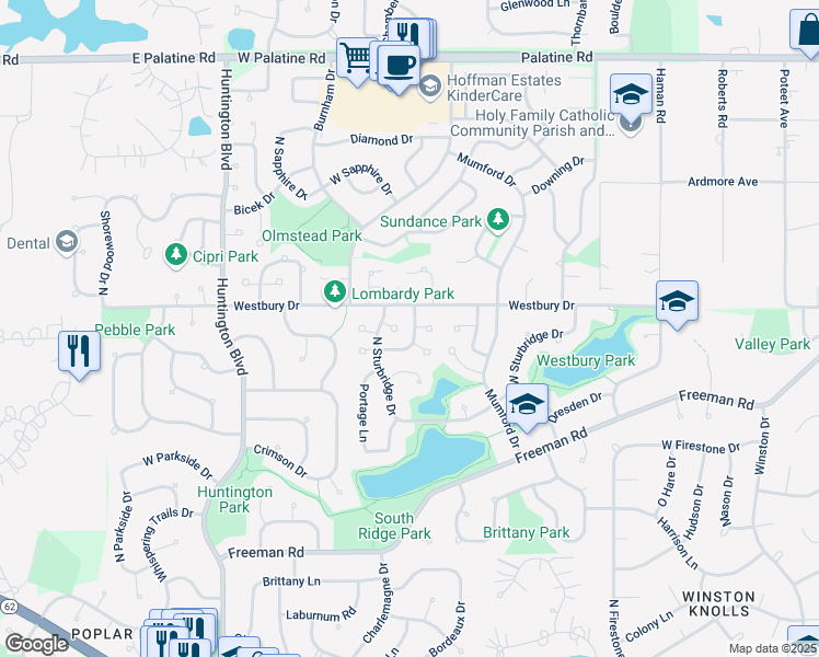 map of restaurants, bars, coffee shops, grocery stores, and more near 4370 Stone Harbor Drive in Hoffman Estates