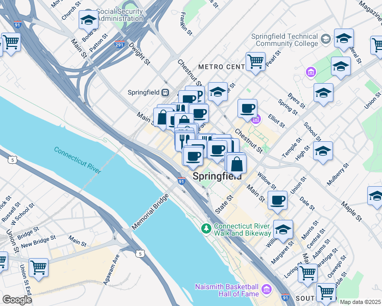 map of restaurants, bars, coffee shops, grocery stores, and more near 1414 Main St, Springfield, MA 01144 Main Street in Springfield