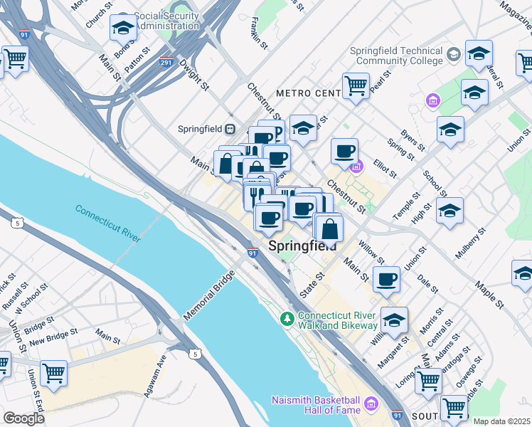 map of restaurants, bars, coffee shops, grocery stores, and more near in Springfield