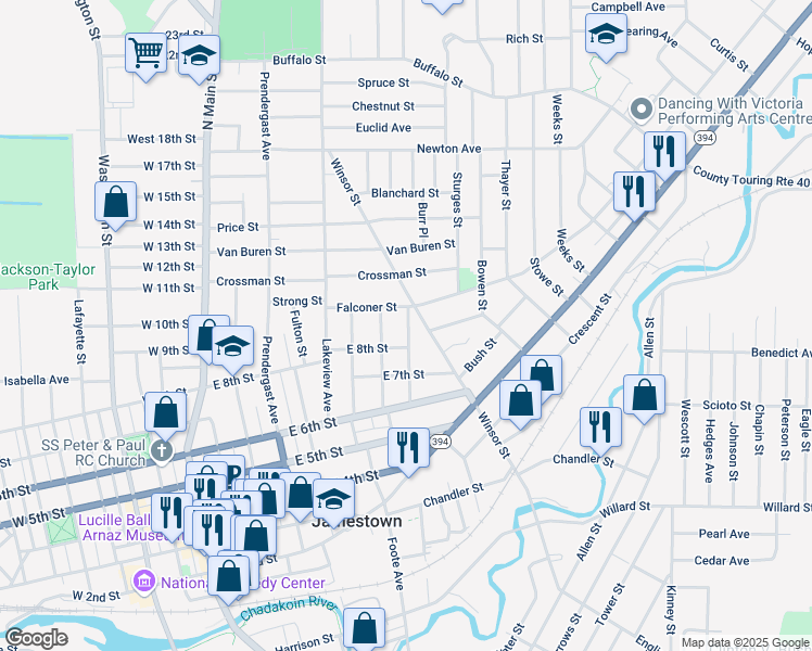 map of restaurants, bars, coffee shops, grocery stores, and more near 500 Winsor Street in Jamestown