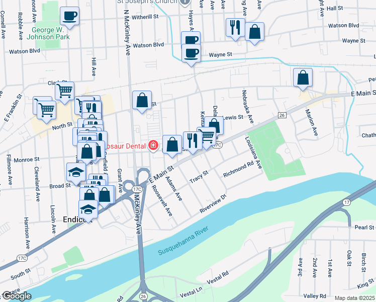 map of restaurants, bars, coffee shops, grocery stores, and more near 1908 Monroe Street in Endicott