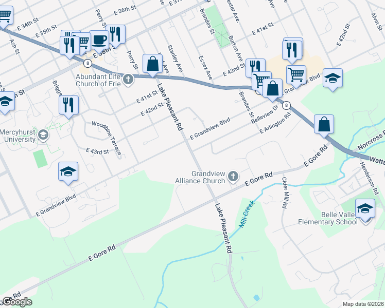 map of restaurants, bars, coffee shops, grocery stores, and more near 4711 Lake Pleasant Road in Erie