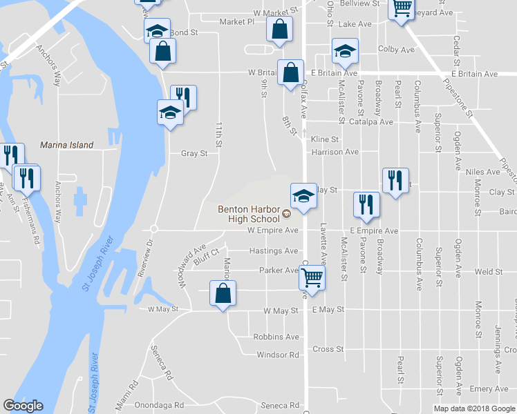 map of restaurants, bars, coffee shops, grocery stores, and more near 870 Colfax Avenue in Benton Harbor