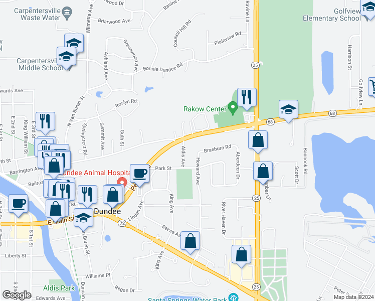 map of restaurants, bars, coffee shops, grocery stores, and more near 110 Aldis Avenue in East Dundee