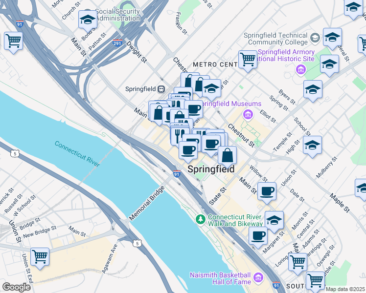 map of restaurants, bars, coffee shops, grocery stores, and more near 1500 Main Street in Springfield