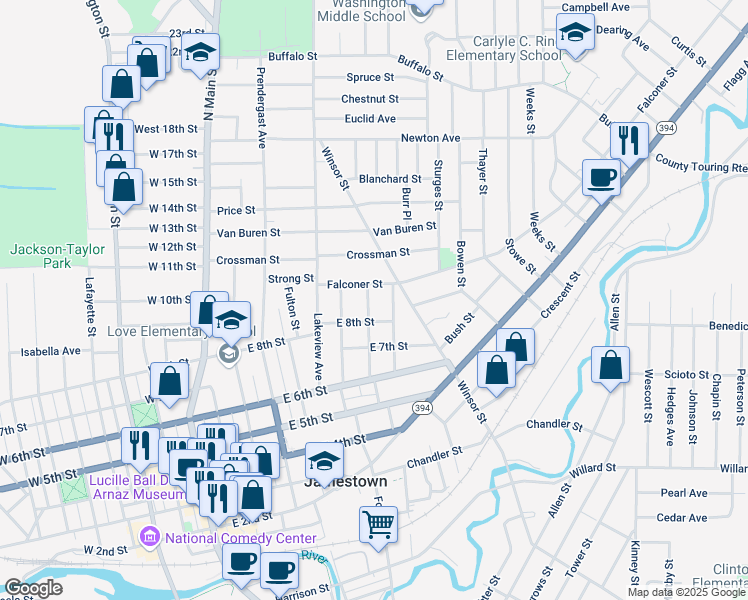 map of restaurants, bars, coffee shops, grocery stores, and more near 414 Lincoln Street in Jamestown