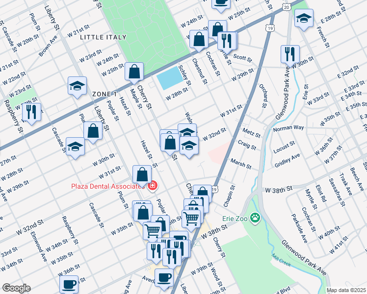 map of restaurants, bars, coffee shops, grocery stores, and more near 3325 Cherry Street in Erie