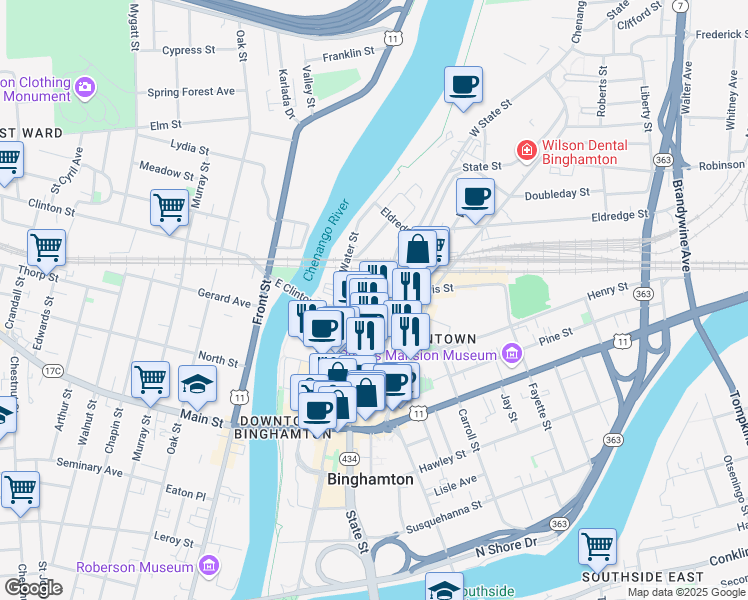 map of restaurants, bars, coffee shops, grocery stores, and more near 306 Water St in Binghamton