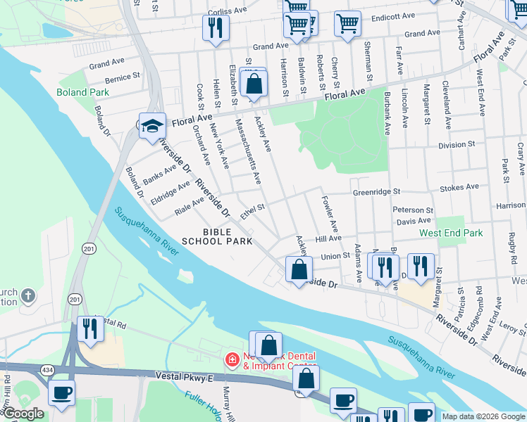 map of restaurants, bars, coffee shops, grocery stores, and more near 136-140 Massachusetts Avenue in Johnson City