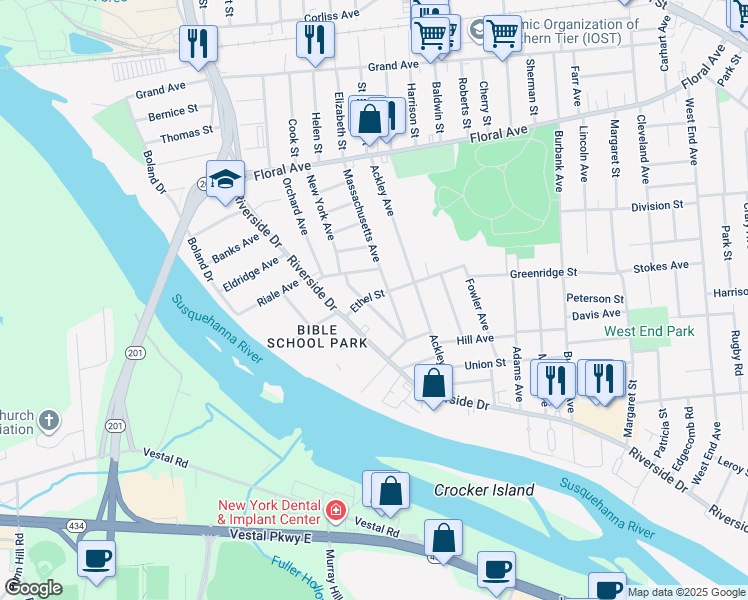 map of restaurants, bars, coffee shops, grocery stores, and more near 136-140 Massachusetts Avenue in Johnson City