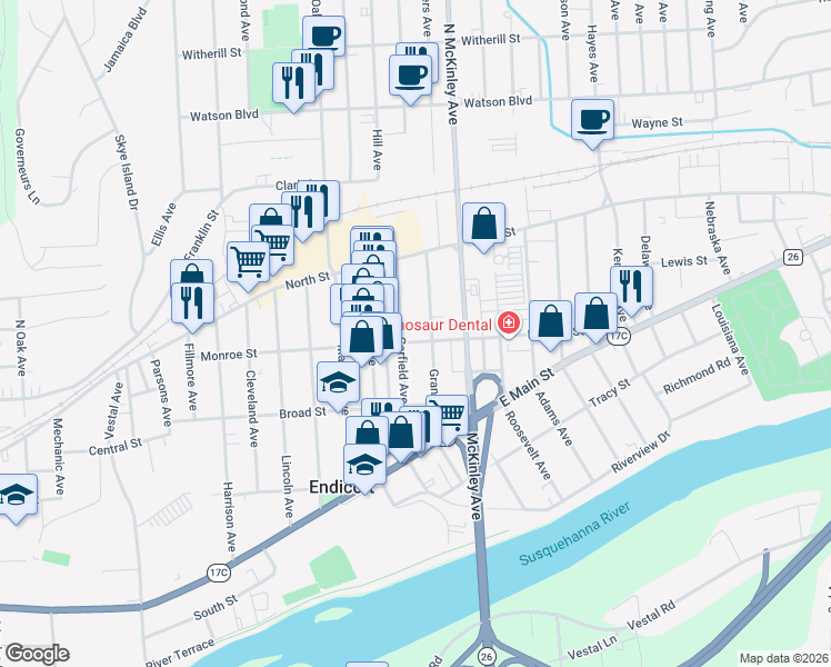 map of restaurants, bars, coffee shops, grocery stores, and more near 19 Garfield Avenue in Endicott