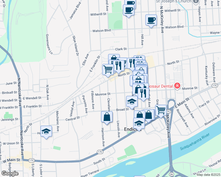 map of restaurants, bars, coffee shops, grocery stores, and more near 3 1/2 Cleveland Ave in Endicott