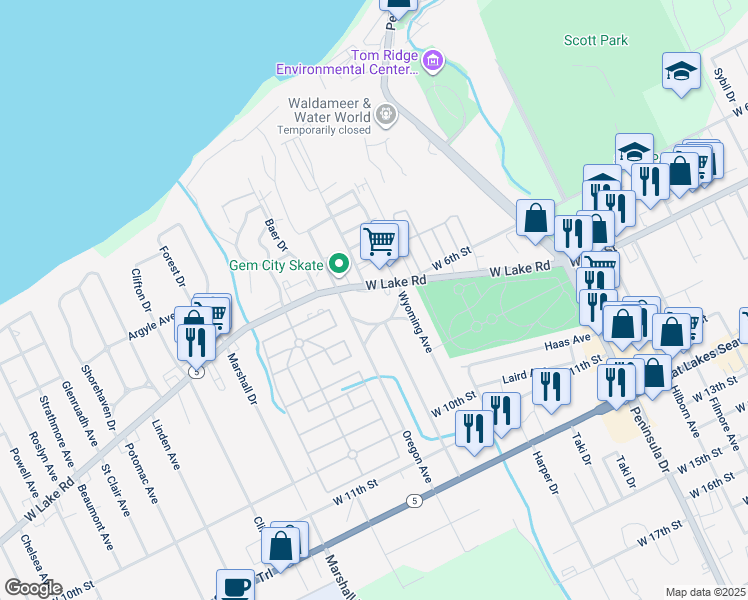 map of restaurants, bars, coffee shops, grocery stores, and more near in Erie County