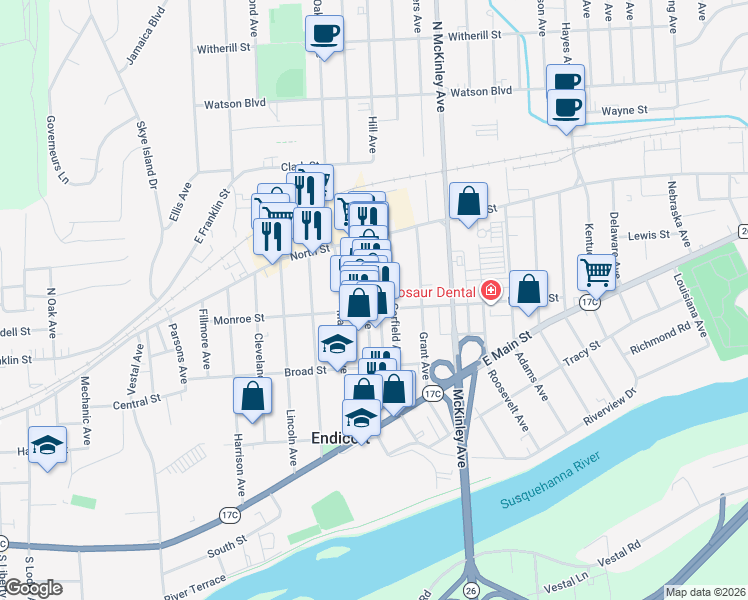 map of restaurants, bars, coffee shops, grocery stores, and more near 32-36 Washington Avenue in Endicott