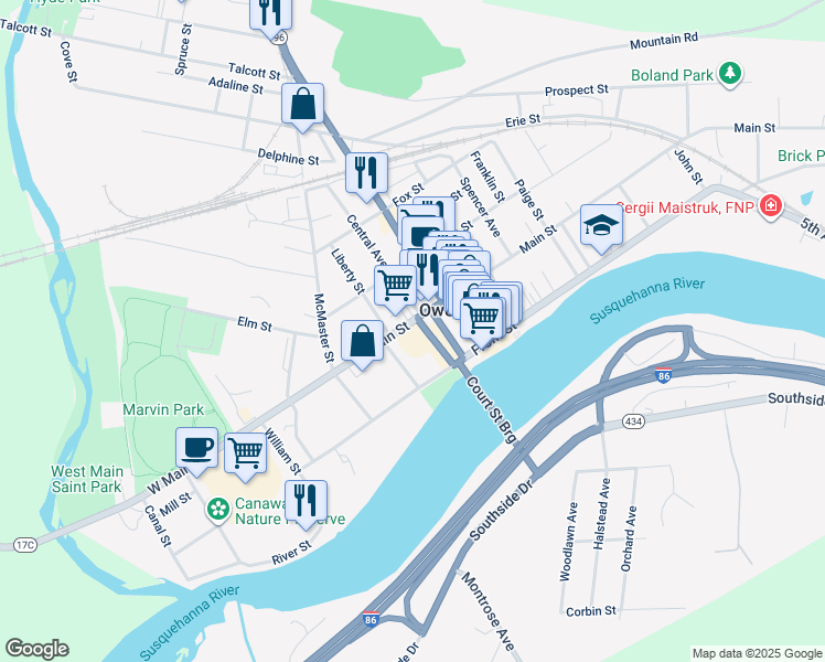 map of restaurants, bars, coffee shops, grocery stores, and more near 165 Main Street in Owego